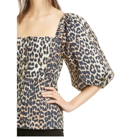 Ganni Leopard Print Puff-Sleeve Blouse NWT - Picture 4 of 6